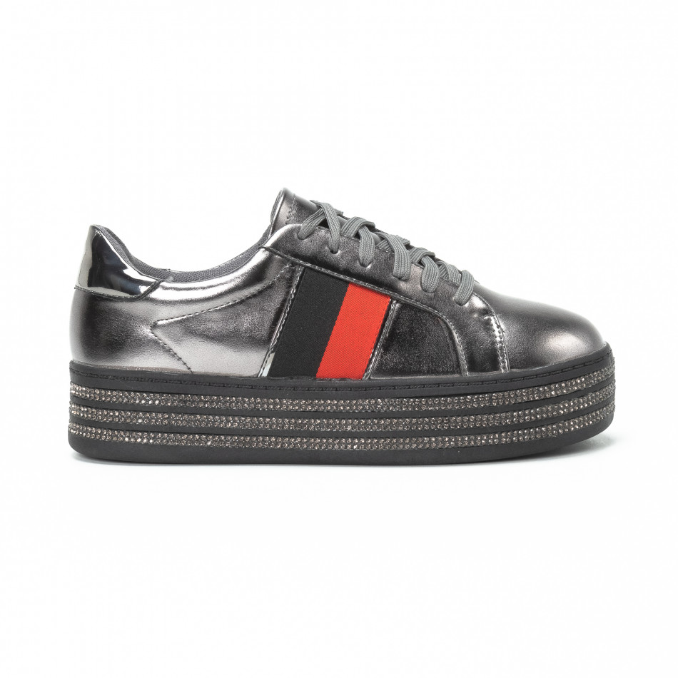 Γυναικεία ασημί sneakers με στρασάκια και πλατφόρμα