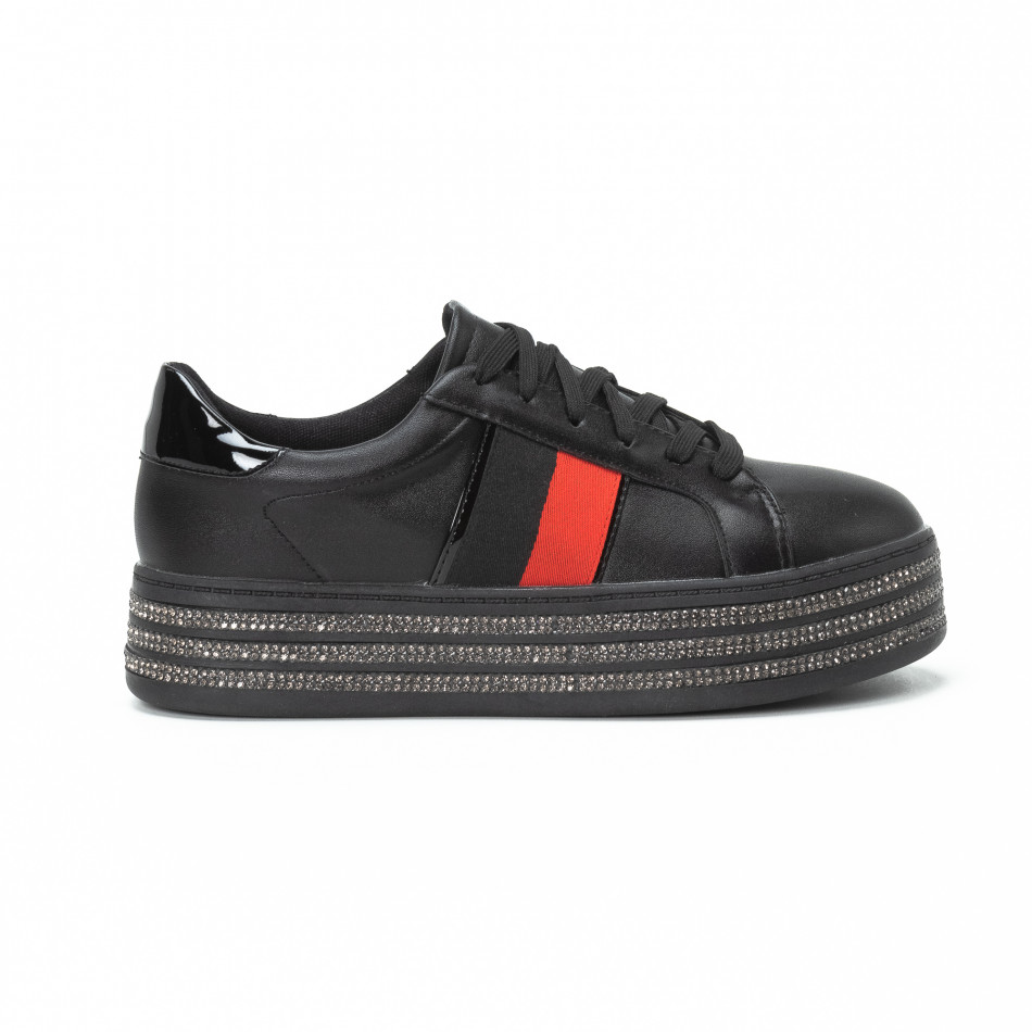 Γυναικεία μαύρα sneakers με στρασάκια και πλατφόρμα