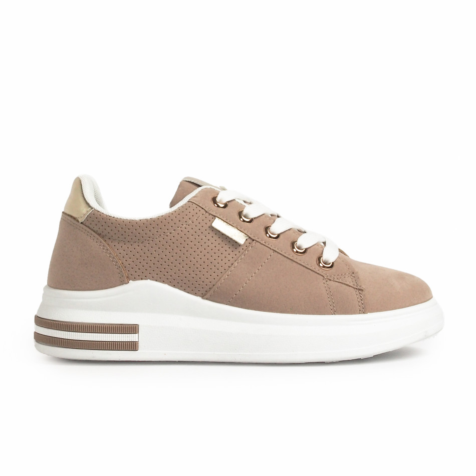 Γυναικεία μπεζ sneakers με χρυσές λεπτομέρειες
