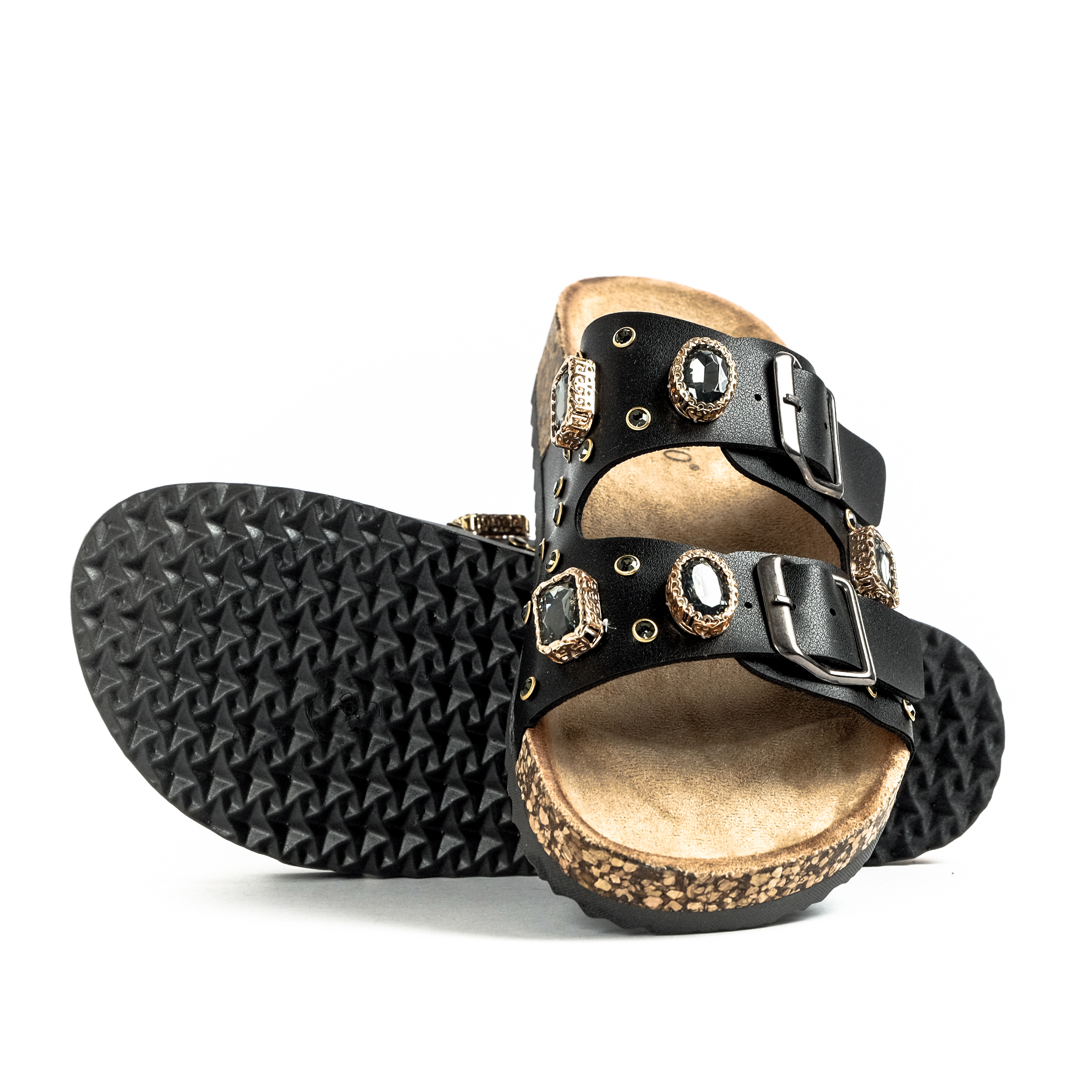 Γυναικείες μαύρες παντόφλες με διακοσμητικές πέτρες P5308-1 φωτογραφία